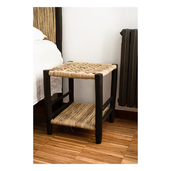 Table de nuit en bois peint et palme | Noir- Image produit n°1