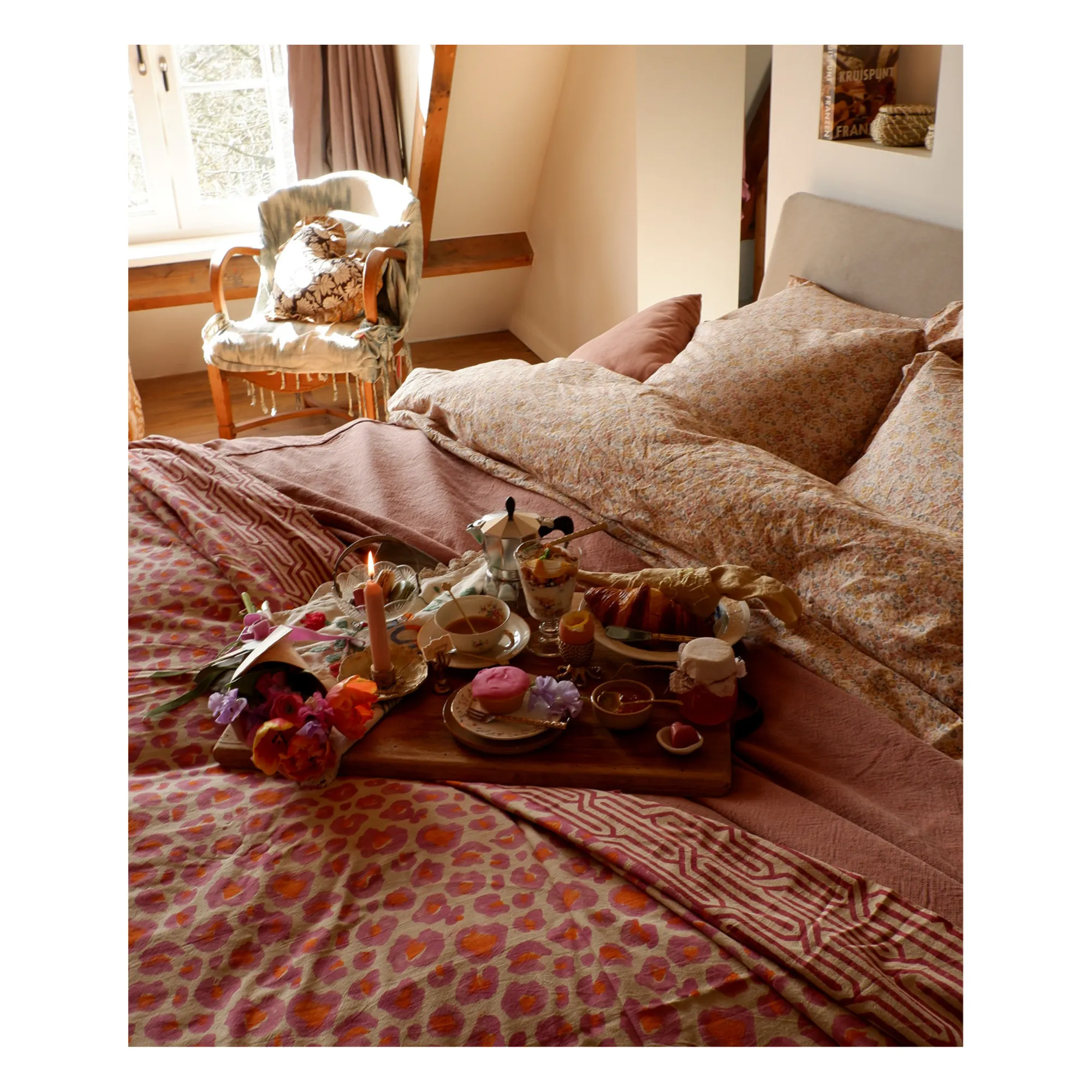 Plaid Léopard rose et totebag en coton | Rose- Image produit n°1