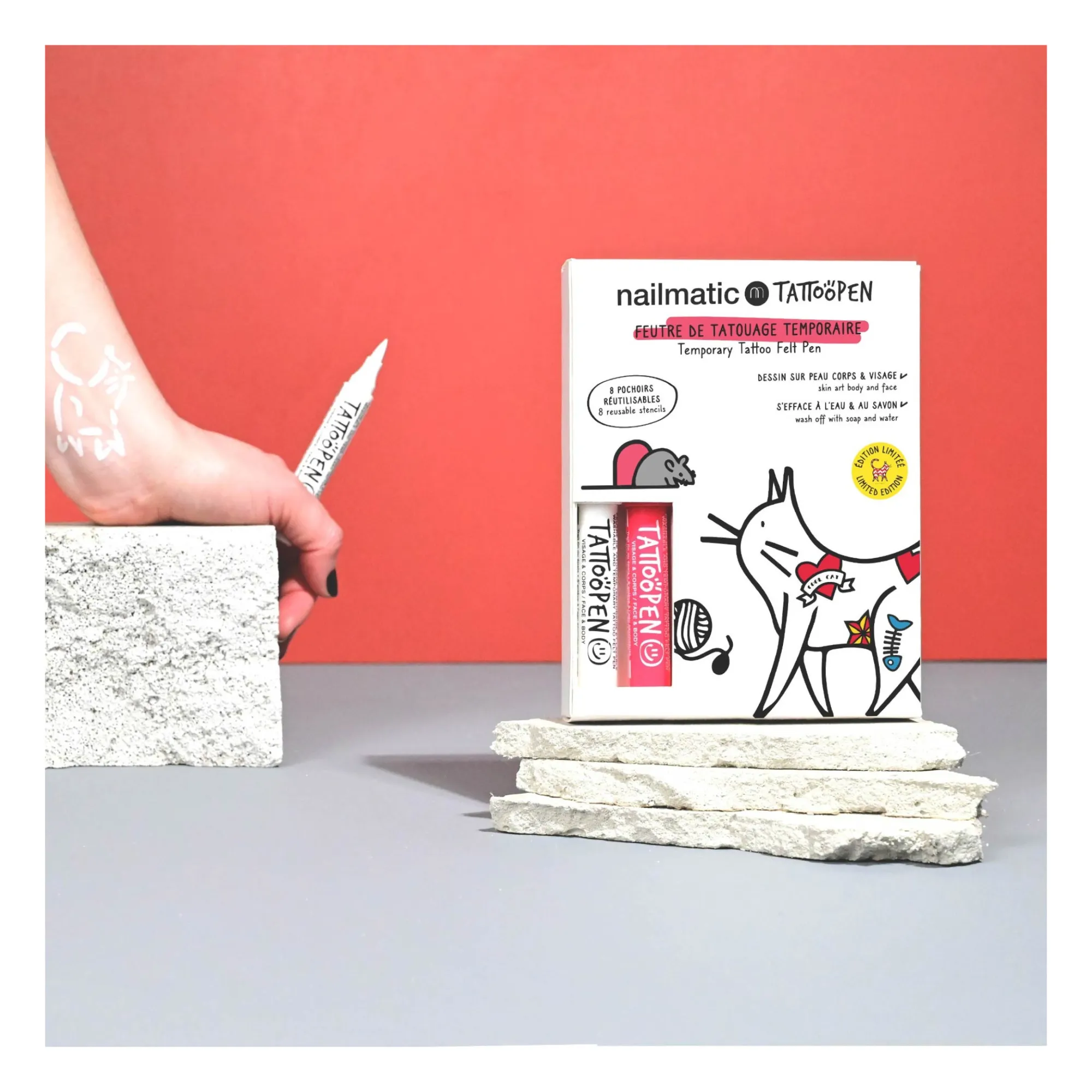 Coffret duo Tattoopen & Pochoir Réutilisable Cat x AMI IMAGINAIRE- Image produit n°1