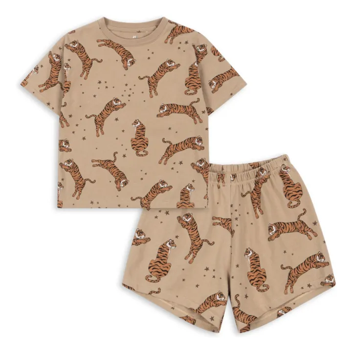 Organic Cotton Tiger Linen T-Shirt and Short Set | Brown- Product image n°0