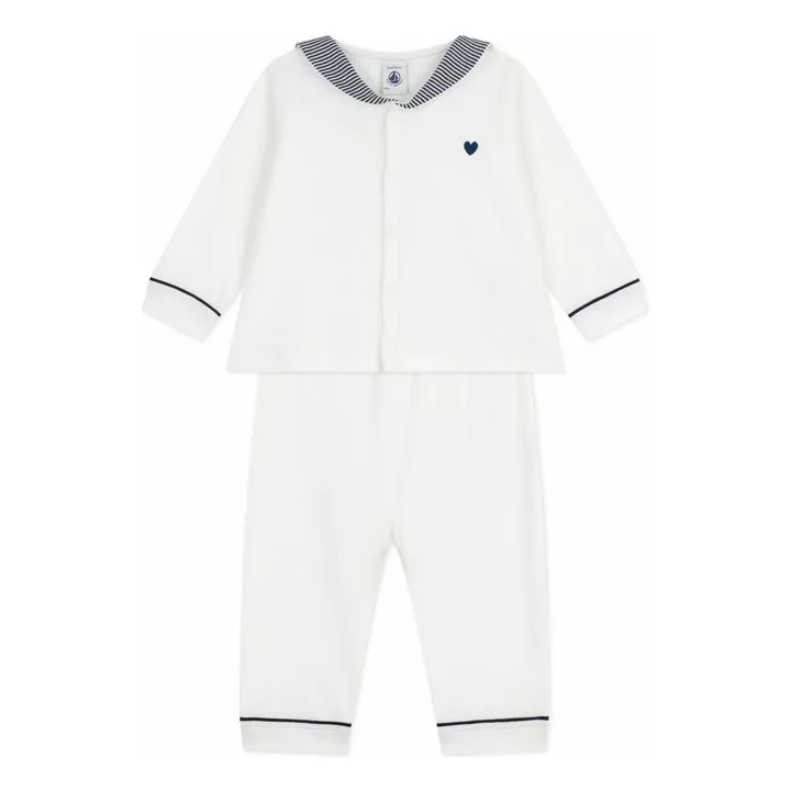 Pyjama mit gestreiftem Kragen aus Bio-Baumwolle | Weiß- Produktbild Nr. 0