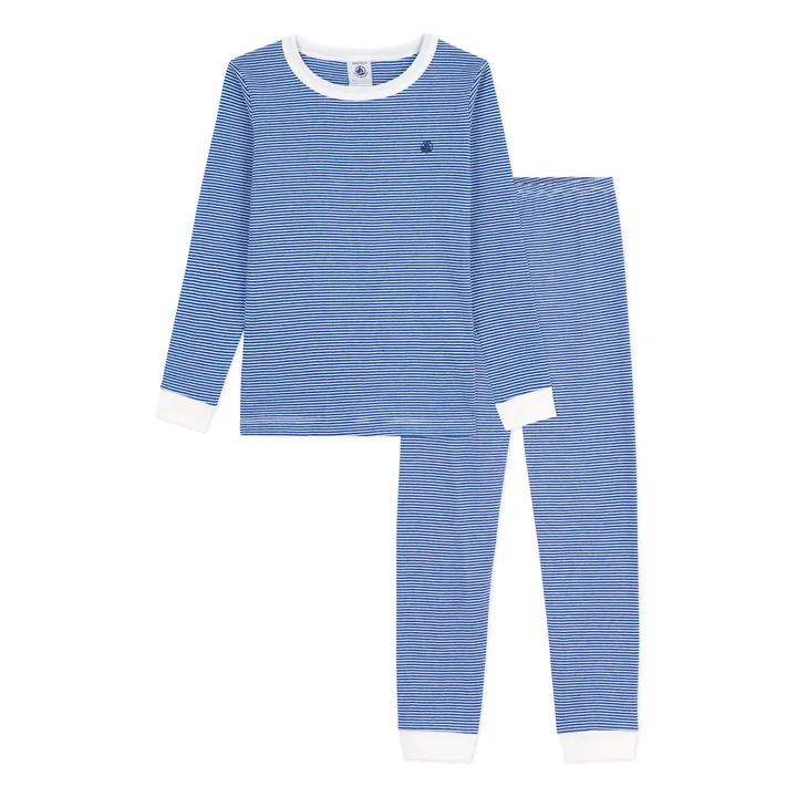 Pyjama mit Streifen und kontrastierenden Kanten aus Bio-Baumwolle | Blau- Produktbild Nr. 0