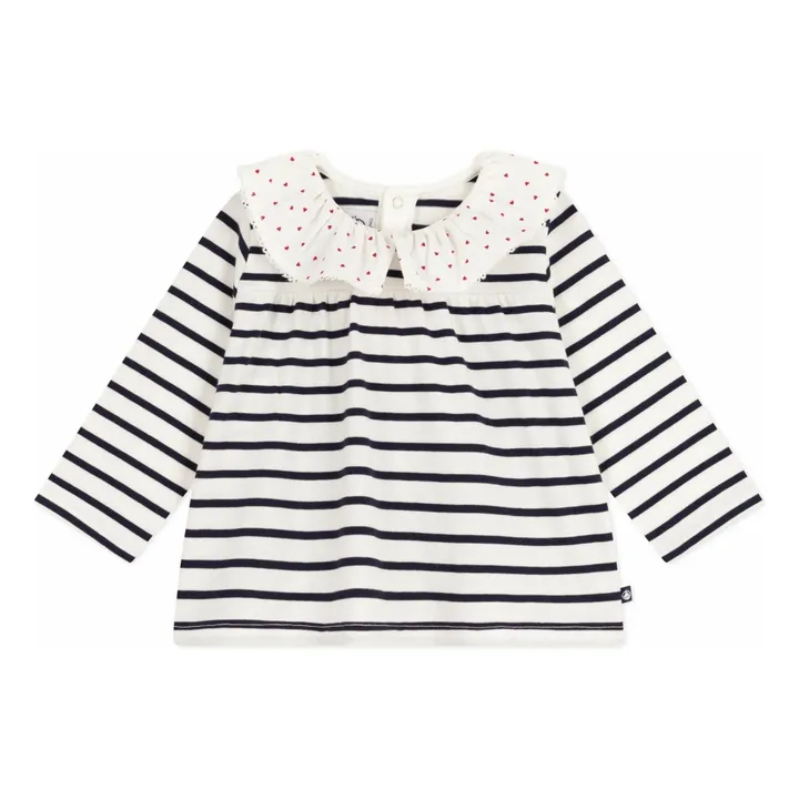 Blouse Rayée Col Cœurs Coton Bio | Blanc- Image produit n°0