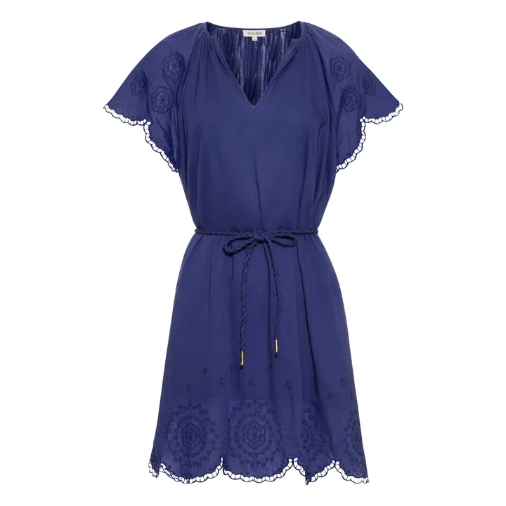 Robe Courte Brodée en Coton Bio | Bleu- Image produit n°0