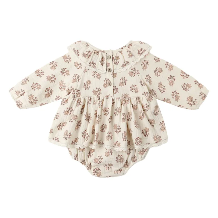 Barboteuse Volants Fleurie Gaze de Coton Bio | Ecru- Image produit n°3