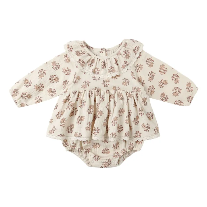 Barboteuse Volants Fleurie Gaze de Coton Bio | Ecru- Image produit n°0