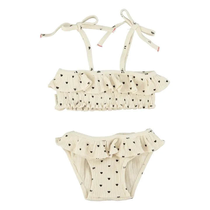 Maillot de Bain 2 Pièces Côtelé Volants Cœurs Coton Bio | Ecru- Image produit n°0
