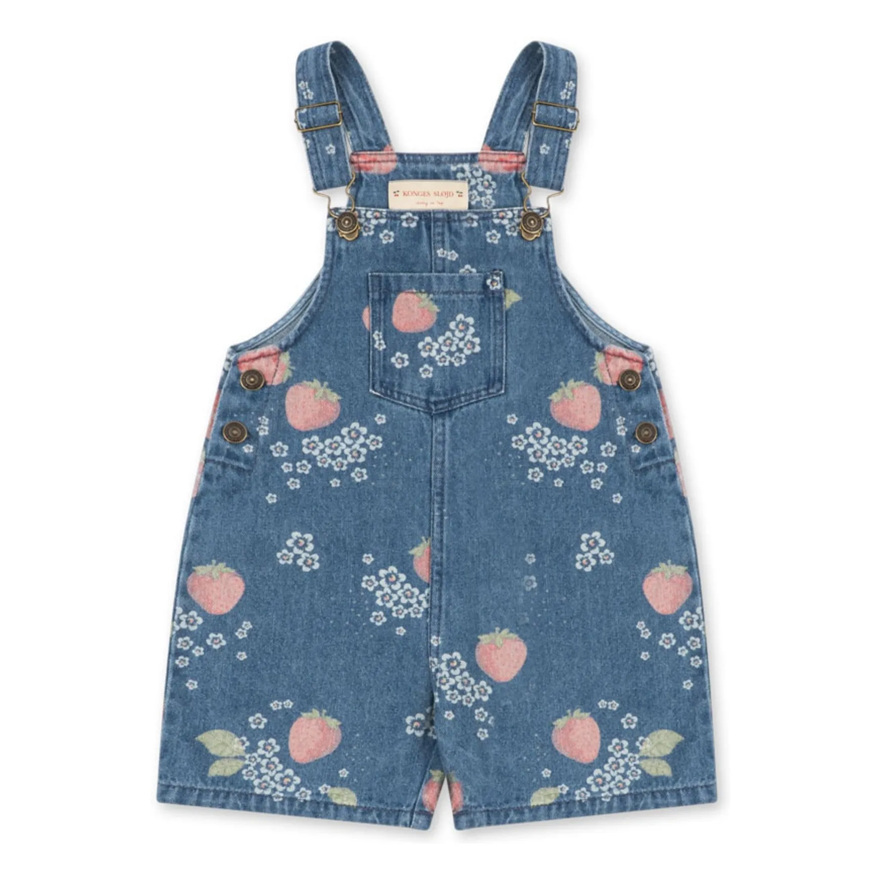 Salopette Courte Denim Magot Fraises Coton Bio | Bleu- Image produit n°0