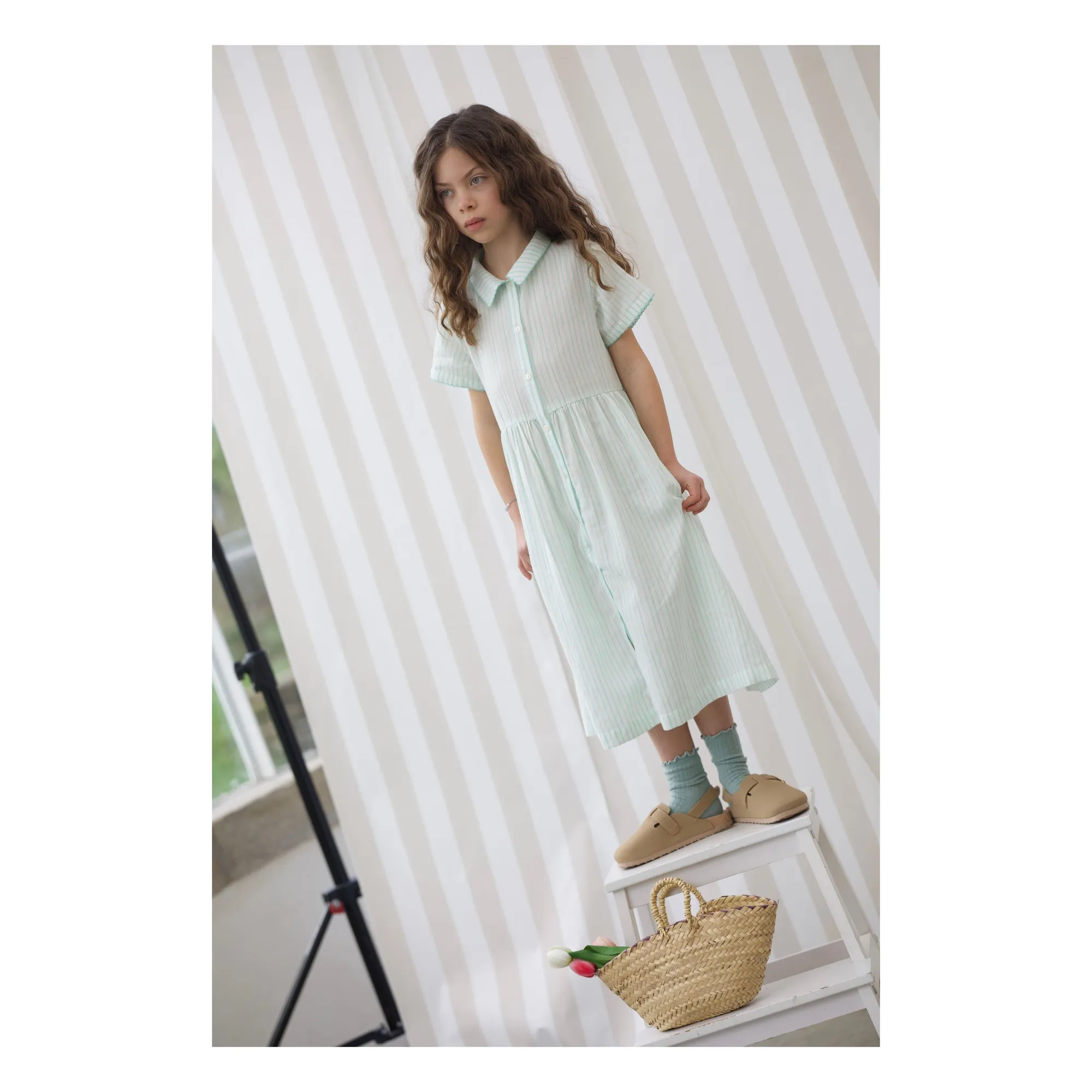 Vestido Midi Rayas Rosa Algodón Ecológico | Verde Menta- Imagen del producto n°1