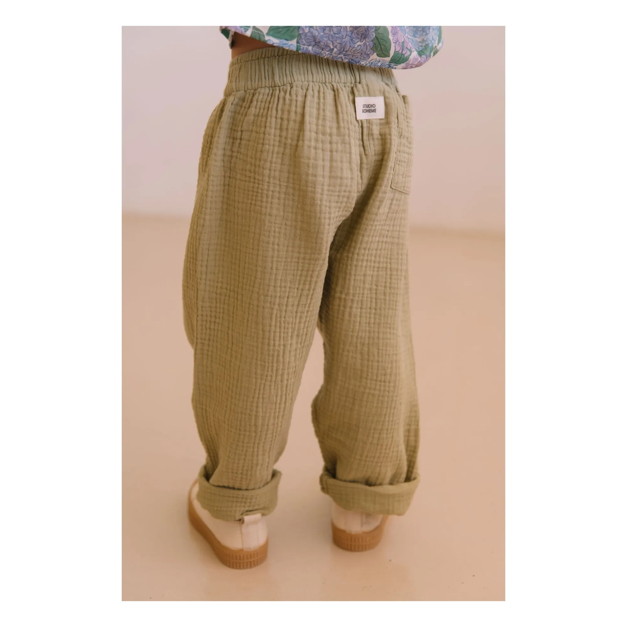 Pantalon Gauffré Cousin Gaze de Coton Bio | Vert kaki clair- Image produit n°5