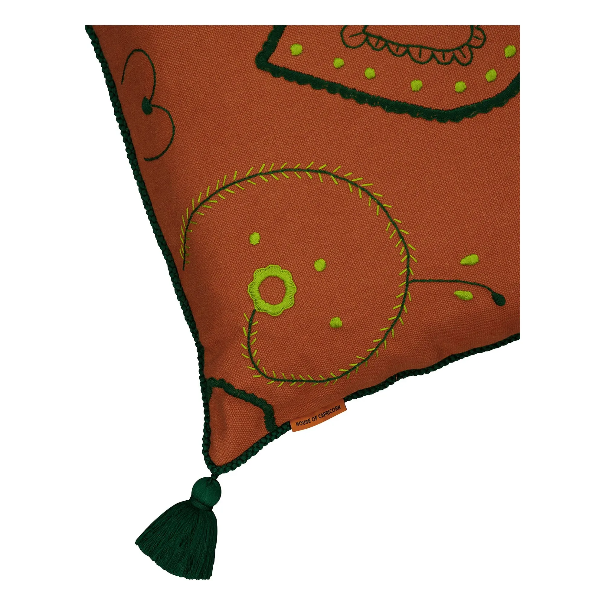Coussin en lin brodé avec pompons Viana | Brique- Image produit n°2