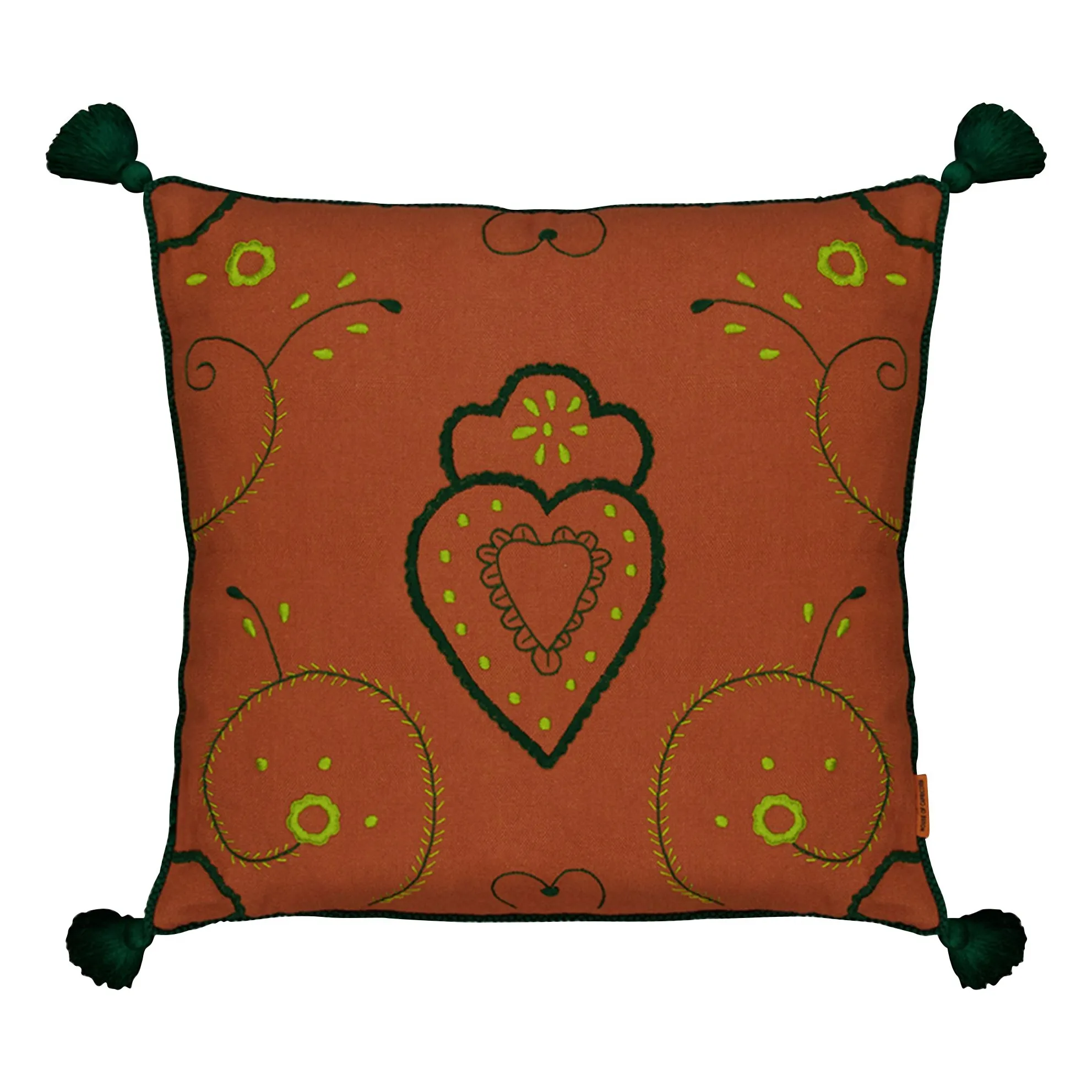 Coussin en lin brodé avec pompons Viana | Brique- Image produit n°0