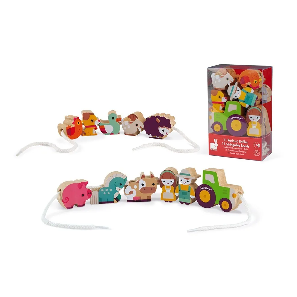 Janod Multicoloured Farm Wooden Beads - Set Of 11