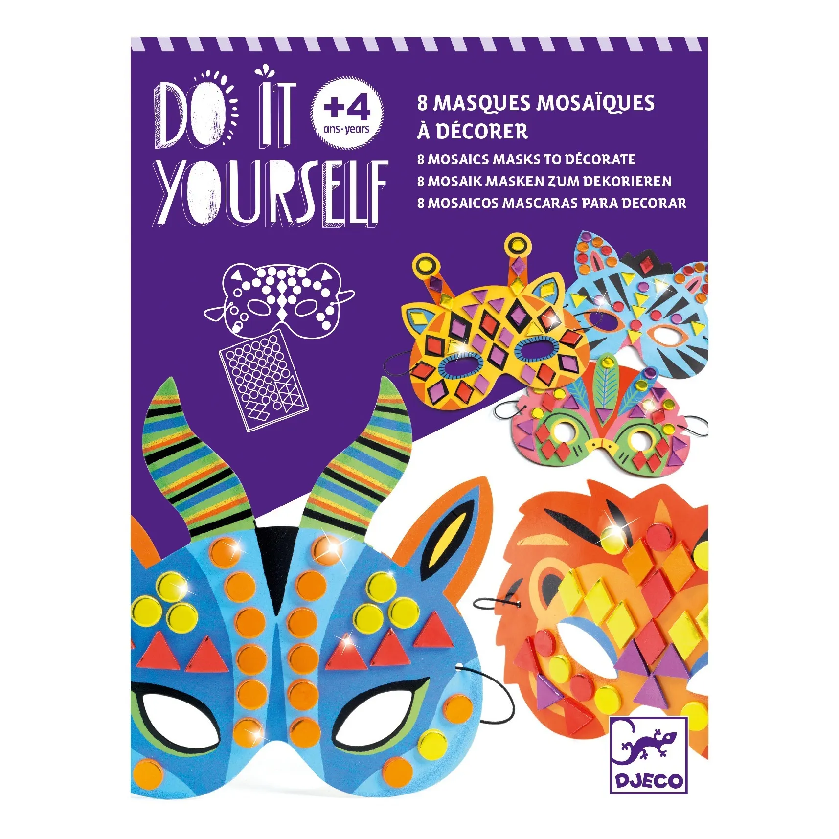 Djeco Multicoloured Jungle Animal Mosaic Masks To Decorate - Set Of 8