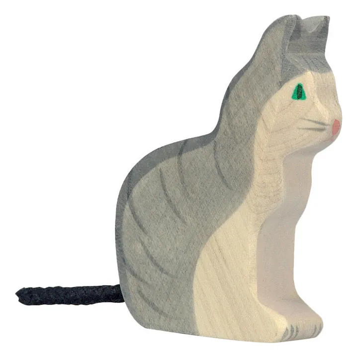 Sitting cat wooden figurine | Grey- Product image n°0