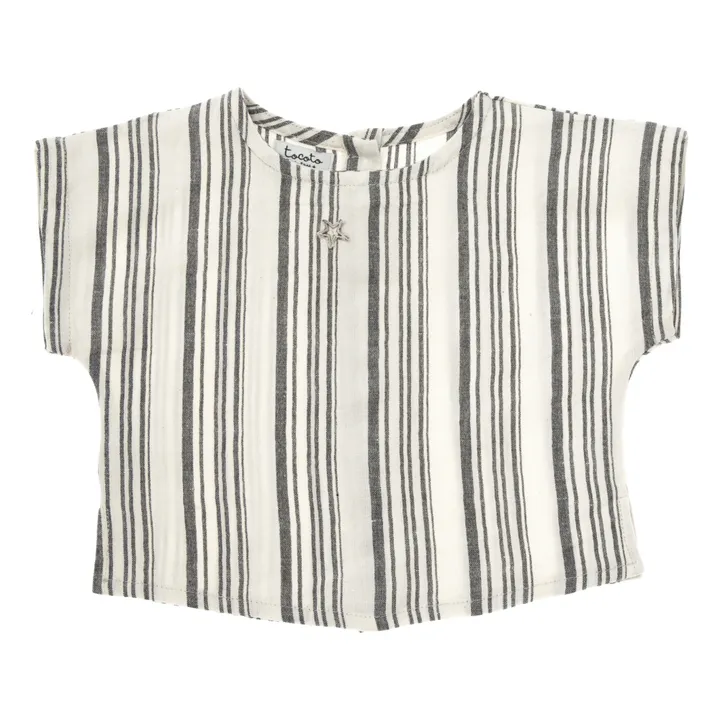 Camisa kurta de algodón y lino de rayas | Gris- Imagen del producto n°0
