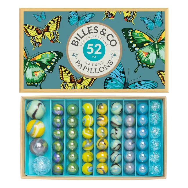 Kasten mit 52 Glasmurmeln Schmetterlinge