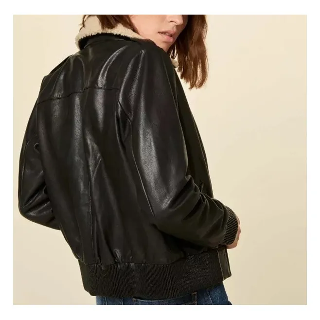 Leather Jacket with Sheepskin Collar | Black- Product image n°6