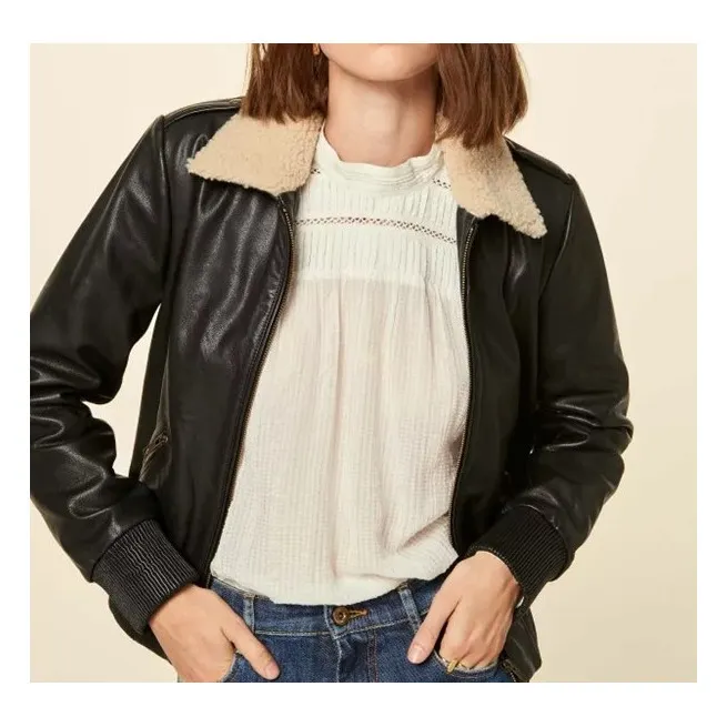 Leather Jacket with Sheepskin Collar | Black- Product image n°4