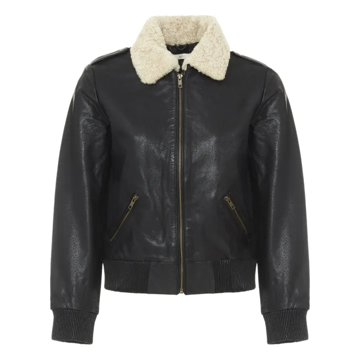Leather Jacket with Sheepskin Collar | Black- Product image n°0