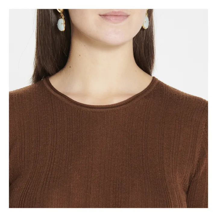 Jersey de lana extra fina de canalé -Colección Mujer | Marrón- Imagen del producto n°2