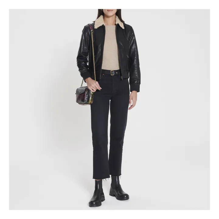 Leather Jacket with Sheepskin Collar | Black- Product image n°1