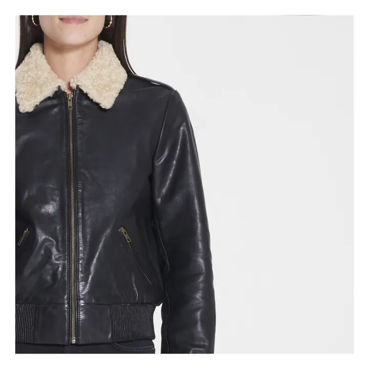 Leather Jacket with Sheepskin Collar | Black- Product image n°2