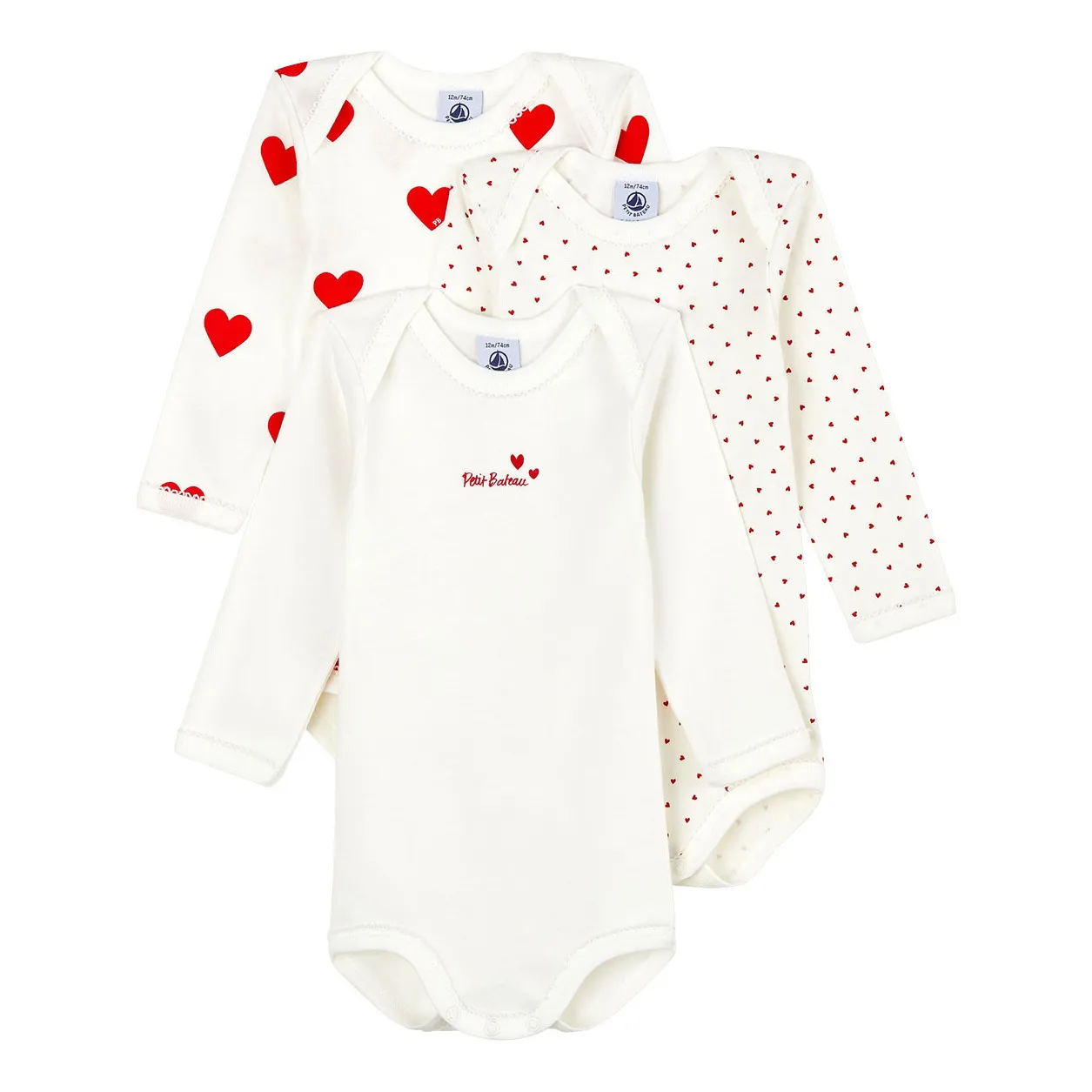 Petit Bateau White Set Of 3 Organic Cotton Heart Playsuits