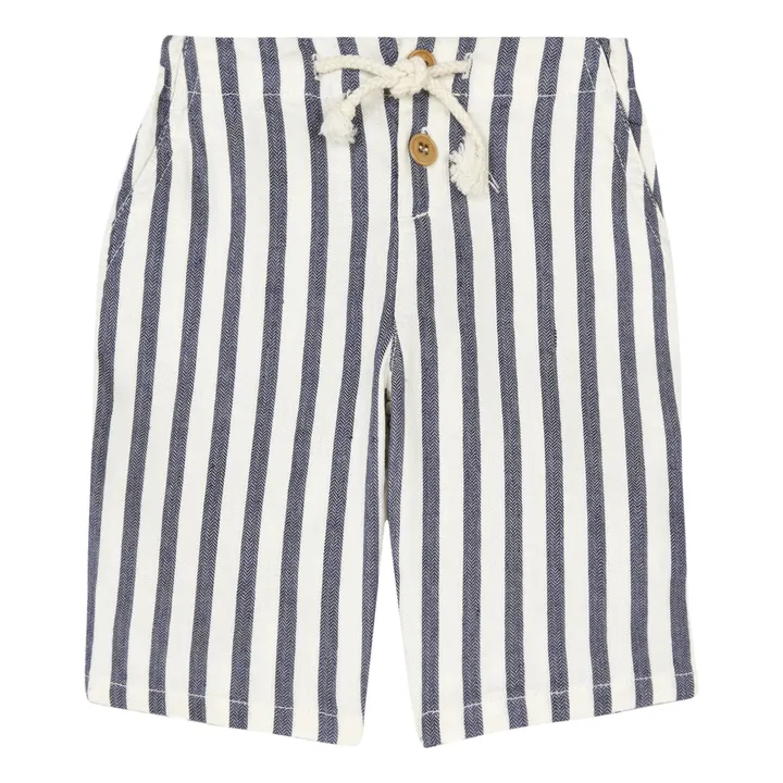 Linen and Cotton Striped Bermuda Shorts  | Navy blue- Product image n°0