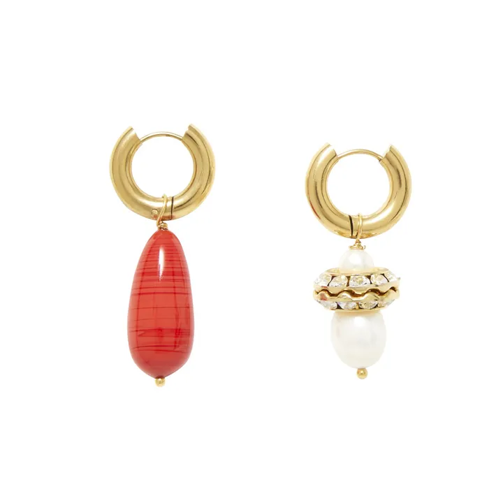 Pendientes Desparejados chapados en oro 24 ct Perlas | Rojo- Imagen del producto n°0