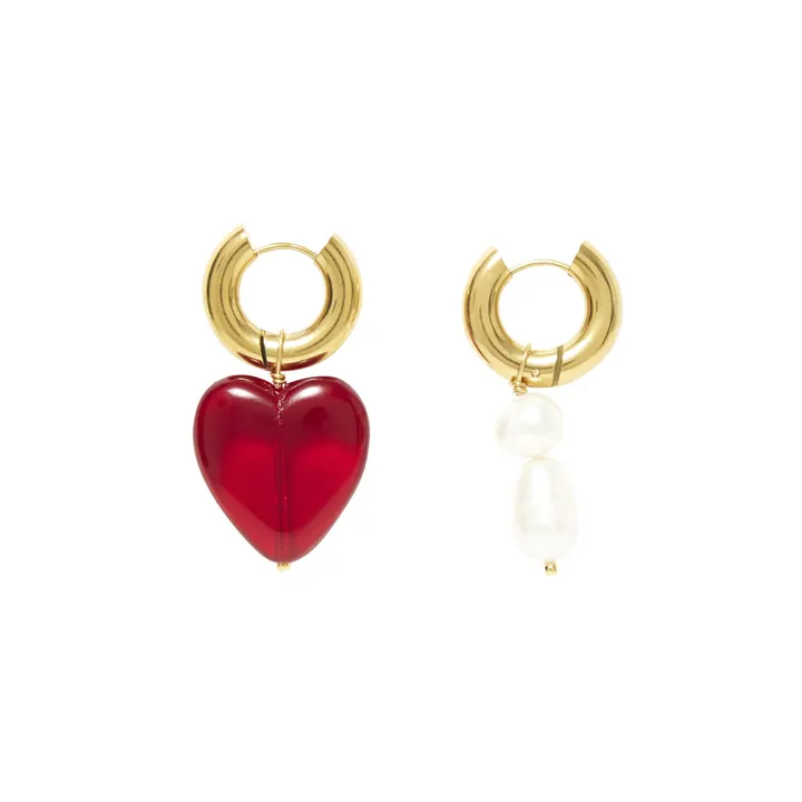 Pendientes Desparejados chapados en oro 24 ct Perlas y Corazón | Rojo- Imagen del producto n°0