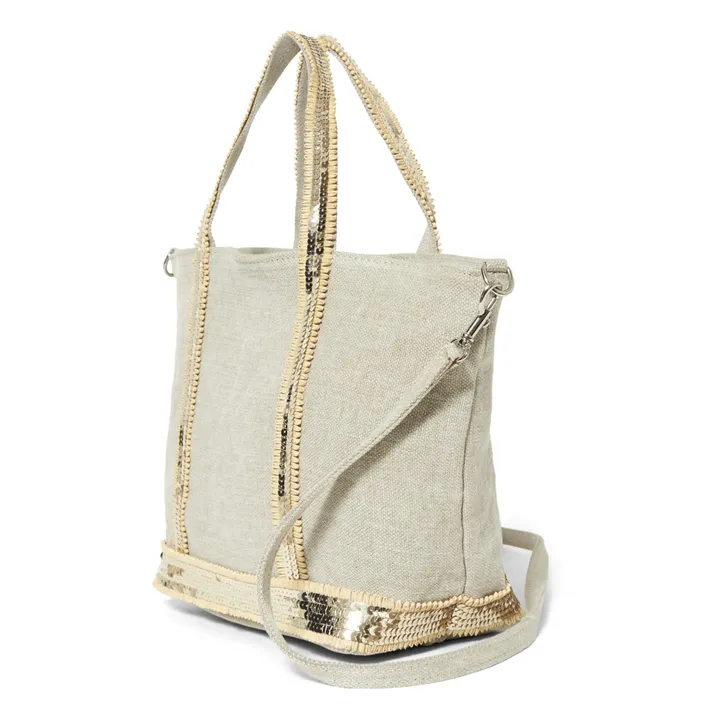 Small Linen Tote with Shoulder Strap, Sequins  and Braided Raphia | Sand- Product image n°1