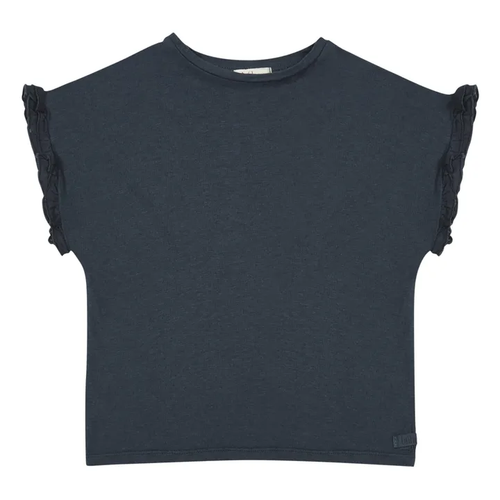 T-Shirt in lino con volants | Blu notte- Immagine del prodotto n°0