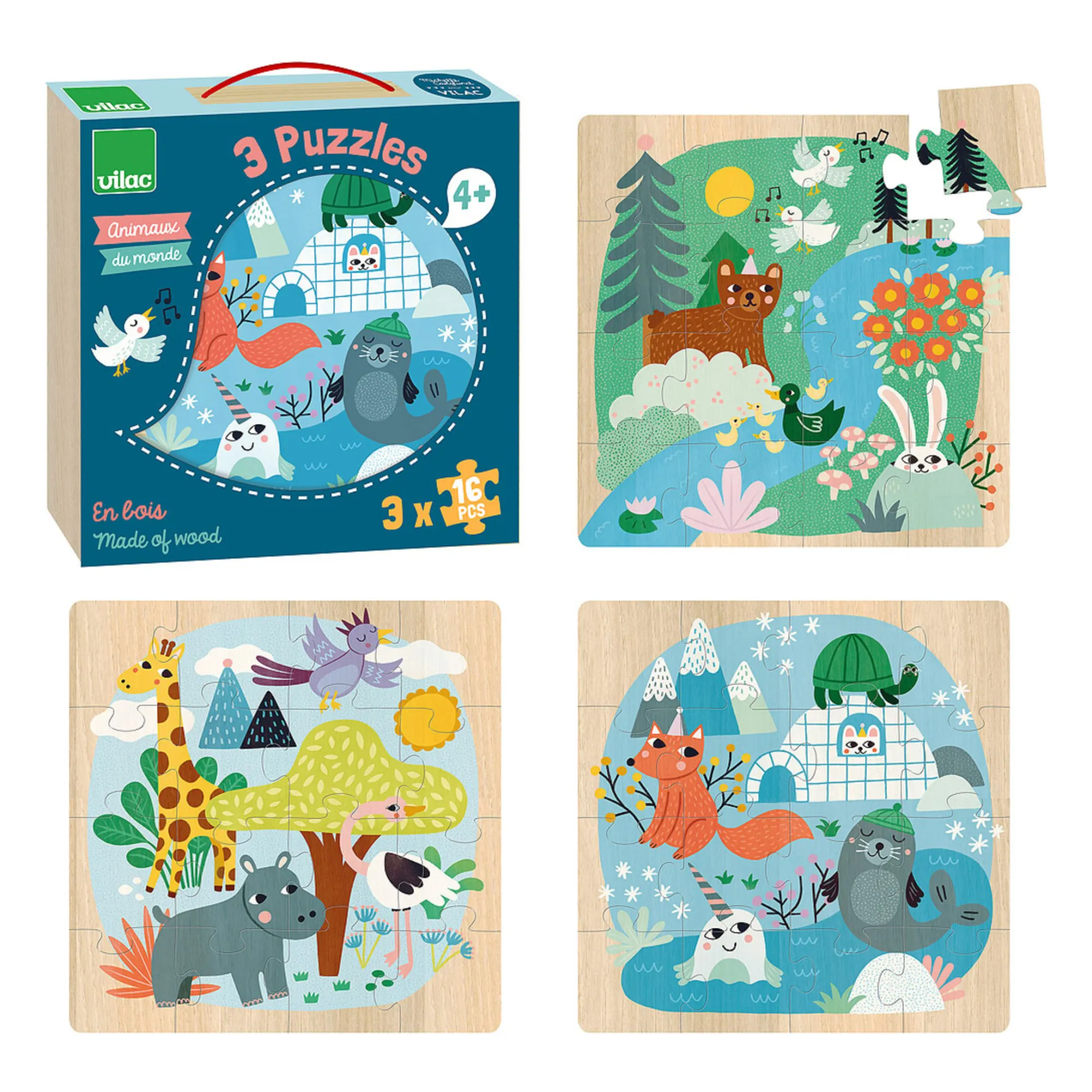 Vilac Multicoloured Set Of 3 Puzzles - Animals Of The World - 16 Pieces