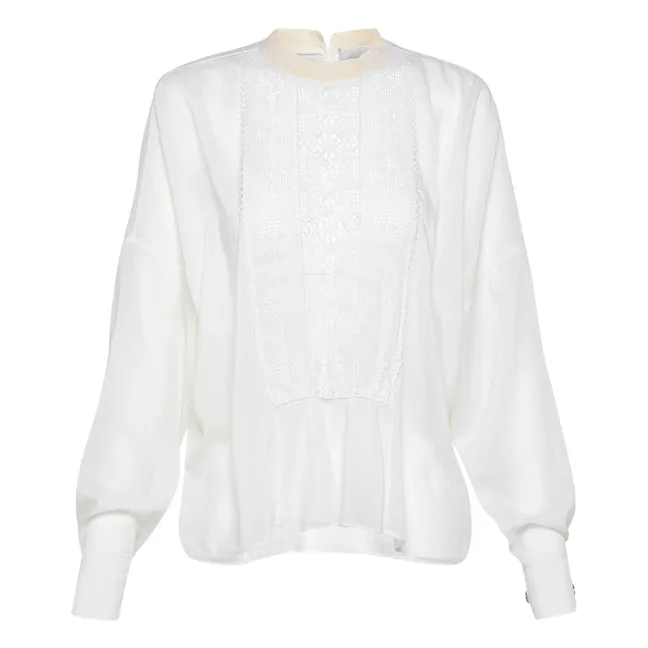 Cotton Voile Silk Crochet Blouse  | White