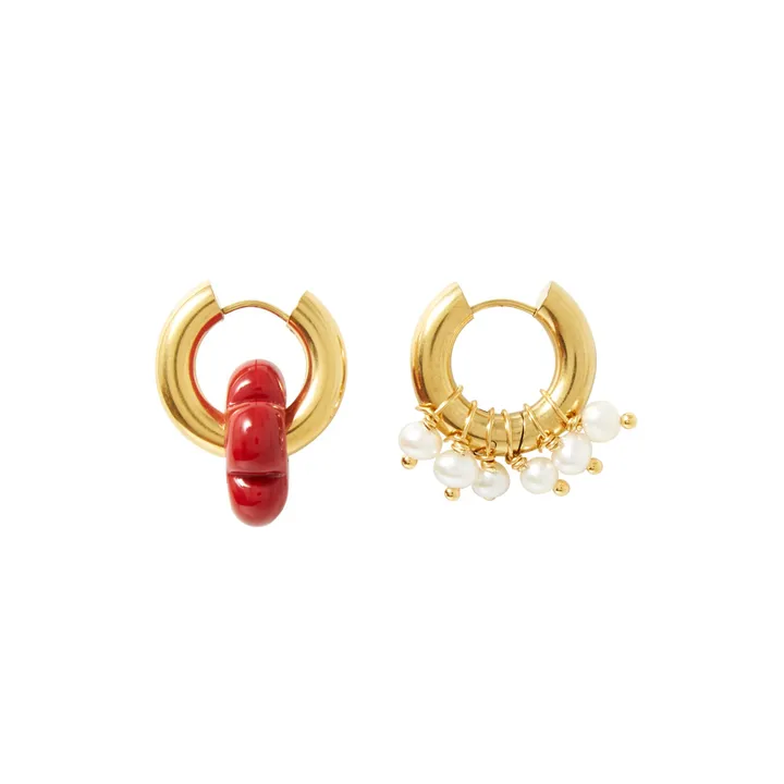 Boucles d'Oreilles Dépareillées Perles et Fleur | Rouge- Image produit n°0