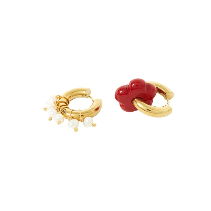 Boucles d'Oreilles Dépareillées Perles et Fleur | Rouge- Image produit n°4