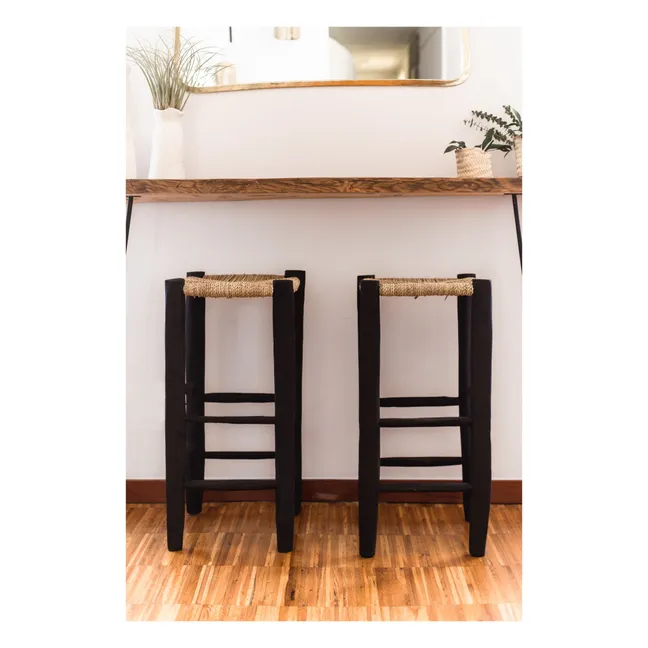 Palm Leaf and Painted Wood Stool | Black