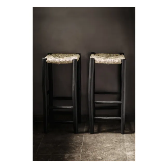 Palm Leaf and Painted Wood Stool | Black