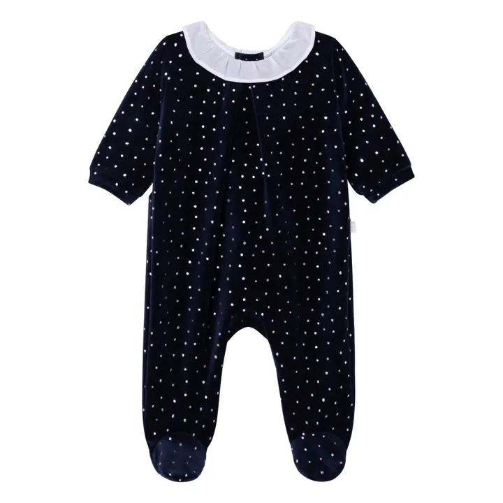 Polka Dot Organic Cotton Velvet Footed Pyjamas | Midnight blue- Product image n°0