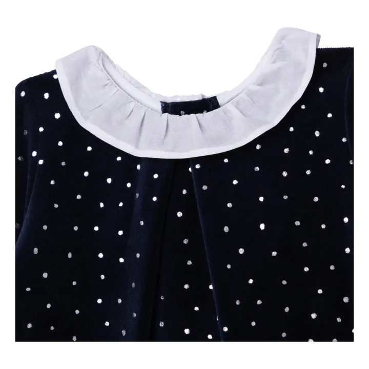 Polka Dot Organic Cotton Velvet Footed Pyjamas | Midnight blue- Product image n°1