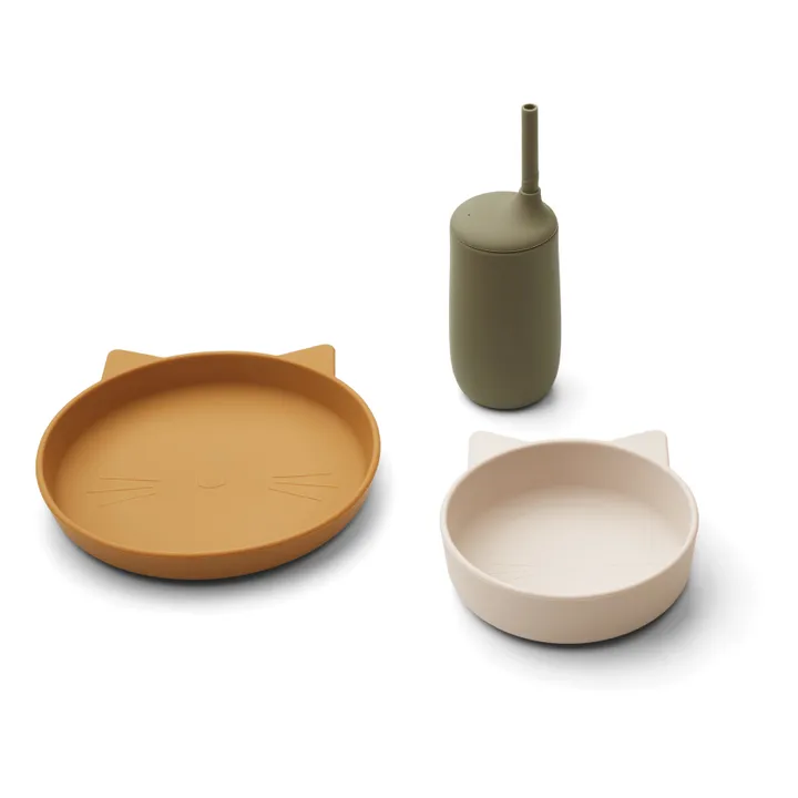 Set assiette, bol et gobelet avec paille Nathan en silicone | Vert kaki- Image produit n°0