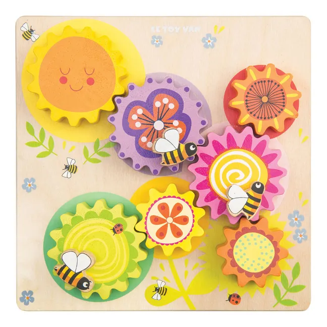 Zahnrad-Spiel aus Holz Bienen und Blumen