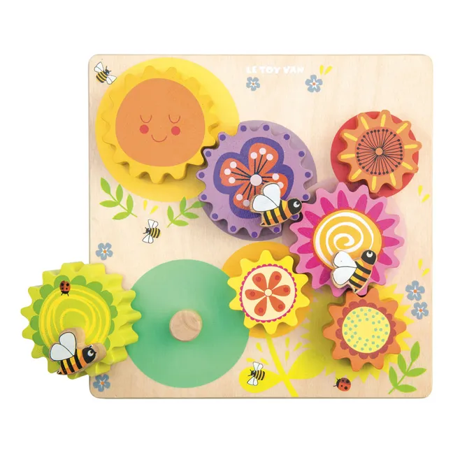 Zahnrad-Spiel aus Holz Bienen und Blumen
