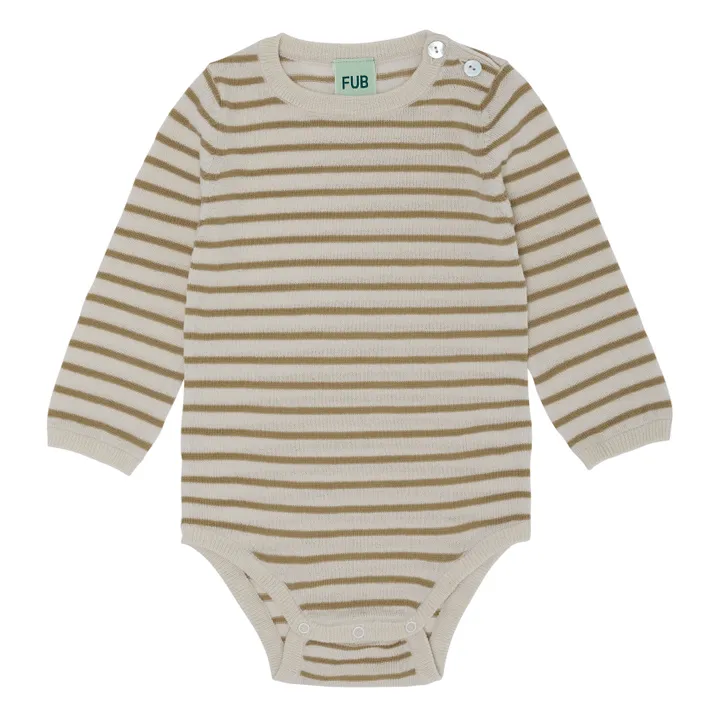 Striped Extra Fine Wool Baby Grow | Beige- Product image n°0