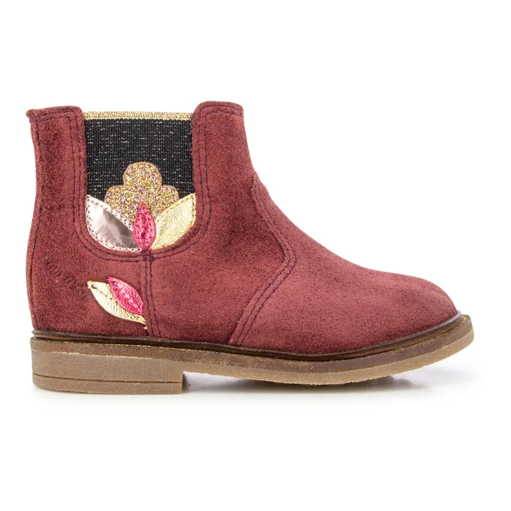 Retro Stitch Flower Zip-Up Suede Boots  | Burgundy- Product image n°0