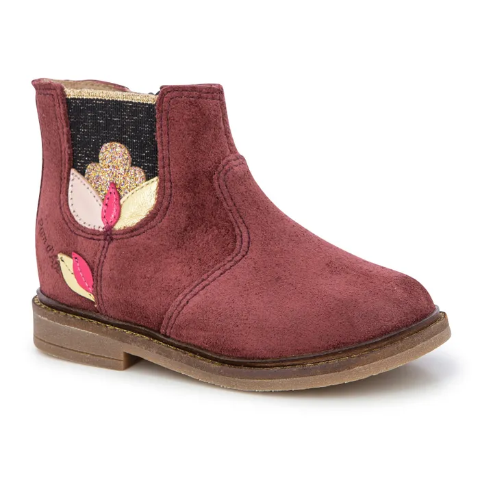 Retro Stitch Flower Zip-Up Suede Boots  | Burgundy- Product image n°1