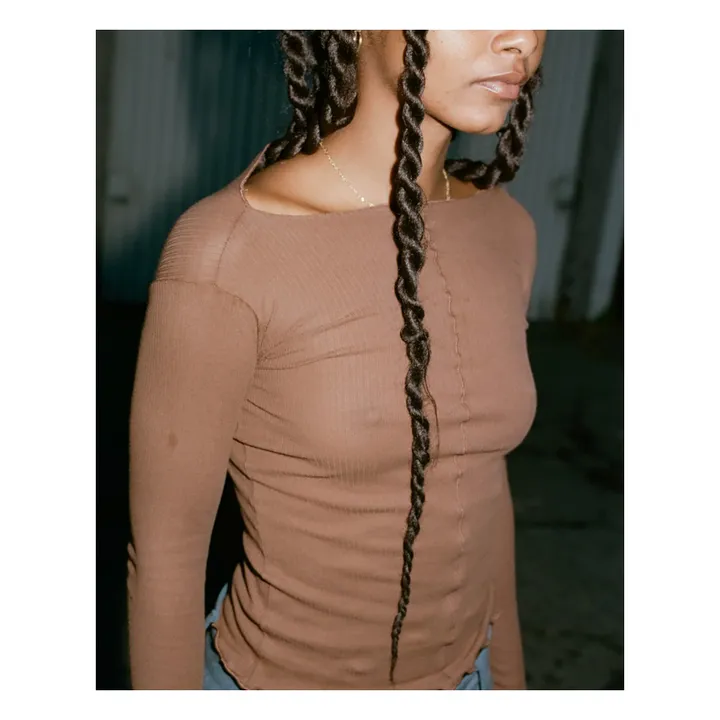 T-shirt a maniche lunghe Pama a costine in cotone bio | Marrone- Immagine del prodotto n°2