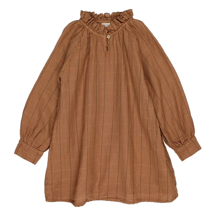 Vestido de gasa de algodón orgánico a rayas lúrex | Camel- Imagen del producto n°0