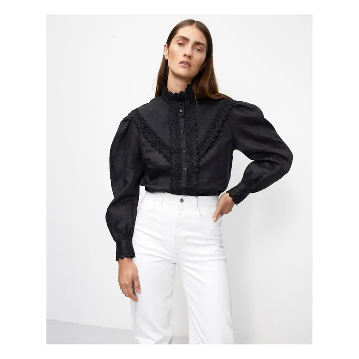 Blusa bordados y pliegues Linda | Negro- Imagen del producto n°1